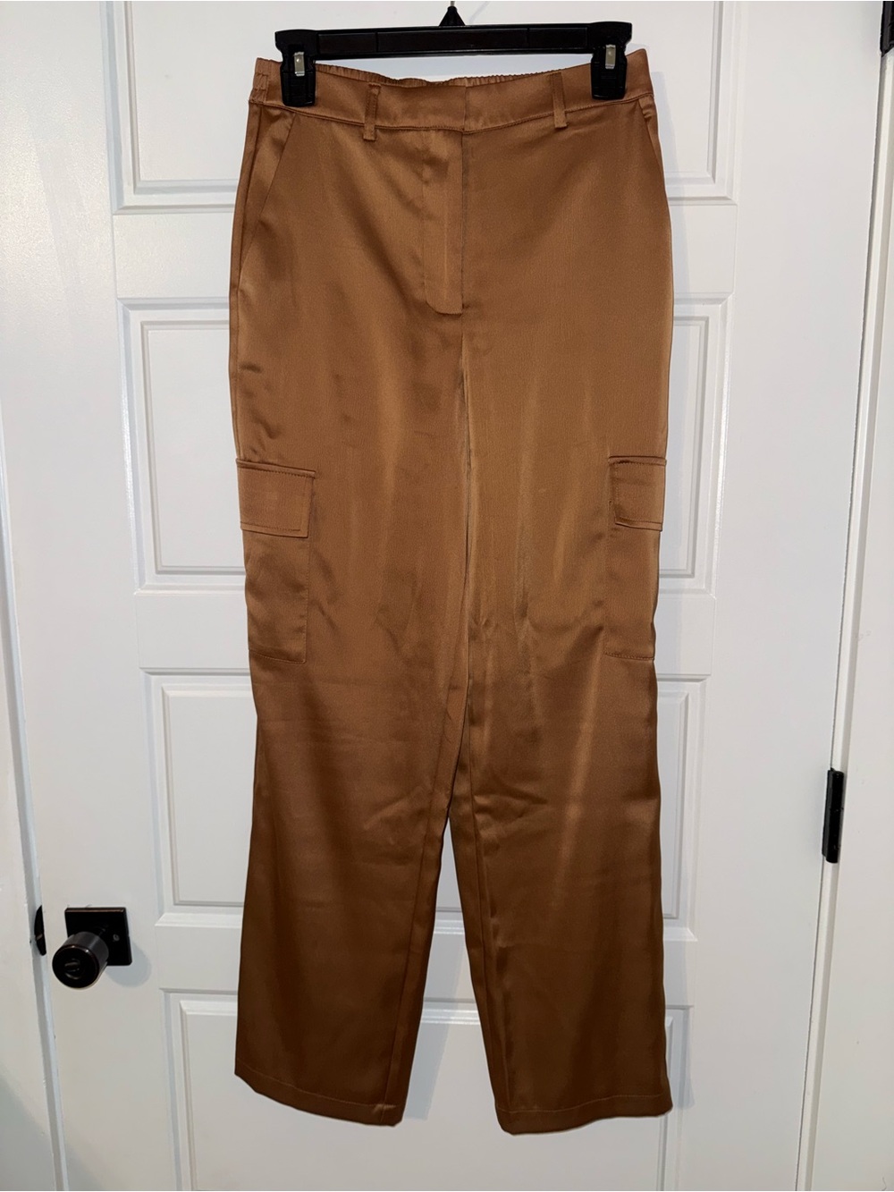 Nicole Miller Tan Satin Straight-Leg Cargo Pants